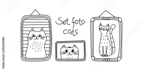 Animal photo frames. Hand-drawn cats. Hand lettering. Simple frames and borders with cute pets. Doodle-style drawings. Gallery, nostalgic photo album. Kitten face stickers.