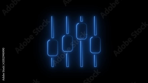 Glowing blue neon equalizer sliders icon with on black background animation.