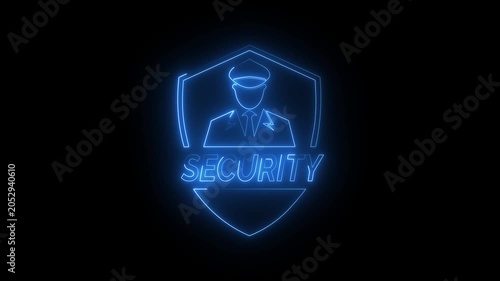 Glowing blue neon security shield icon with guard officer avatar text line art on black background animation.
