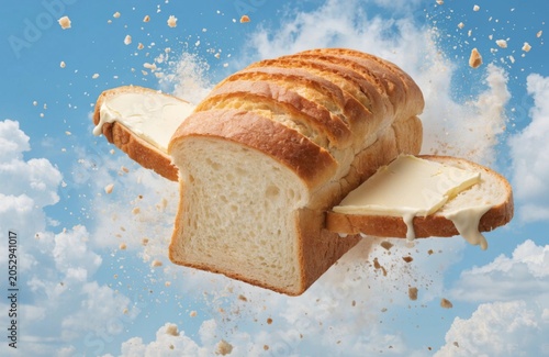 Whimsical surreal flying bread loaf airplane with butter wings and crumb clouds in a bright sky environment