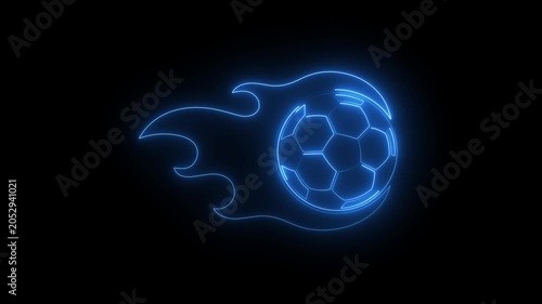 Blue neon soccer ball on fire with glowing flames sports logo sign isolated on a black background animation.