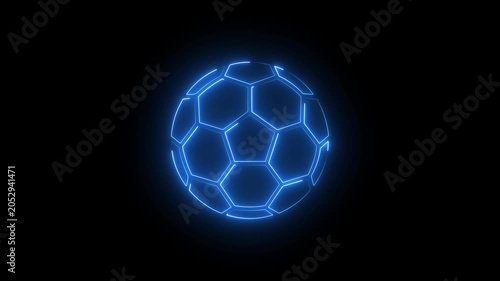 Blue neon soccer ball icon sign with glowing football sport outline isolated on black background.