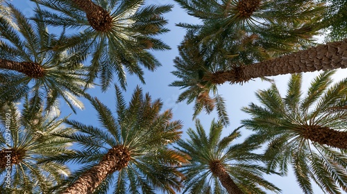 Tall date palm trees in Abu Dhabi, UAE, are shown from a low angle in this clear picture.