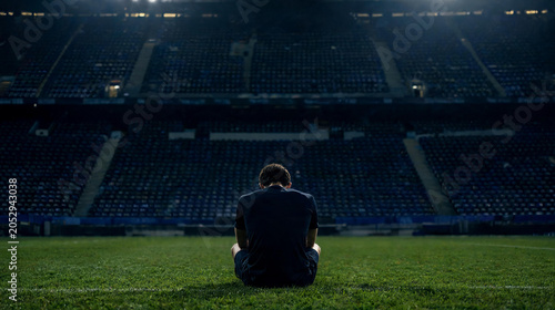 Sad soccer player sitting alone on empty stadium field, disappointment, defeat, sports, athletic, stadium seats, copy space, cinematic lighting, dramatic, sports photography