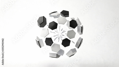 Soccer Ball Geometric Design, Abstract Football Pattern, Modern Sports Graphic, Futuristic Game Art, Isolated on White Background, Copy Space, 3D Render, Hexagon Shape, Black and White