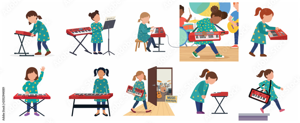 Fototapeta premium Set of flat vector illustrations of a little girl playing musical keyboard and keytar in different scenarios including band rehearsal, solo practice and performance