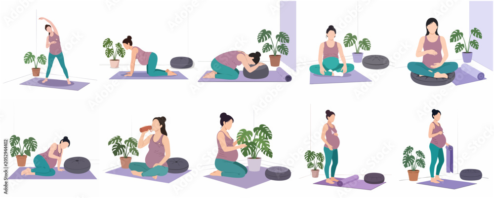 Fototapeta premium Vector set of a pregnant woman practicing prenatal yoga, meditation, and healthy lifestyle routines at home