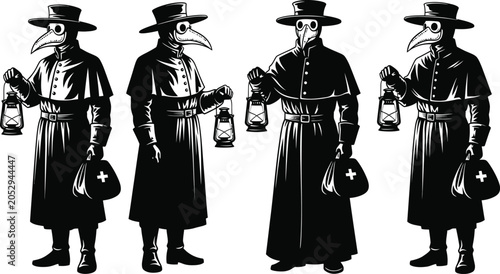 Four Black Plague Doctor Illustration Characters Holding Lanterns with Candles in Dark Robes and Masks for Historical Art