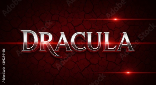 Dracula text effect with metallic silver letters and red cracked background