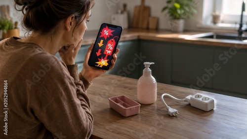 Woman shopping online on smartphone tempted by discount offers at home