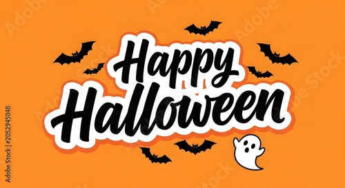 Happy halloween typography logo design with bats and a cute ghost on orange background