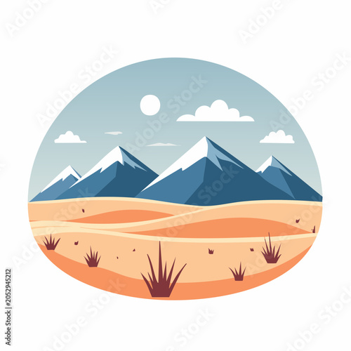 Stylized Mountain Landscape with Desert Dunes and Sparse Vegetation