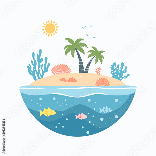 Tropical Island Paradise with Underwater Ocean Life