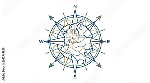Obraz na płótnie Colombia Map Compass Rose Directional Navigation.