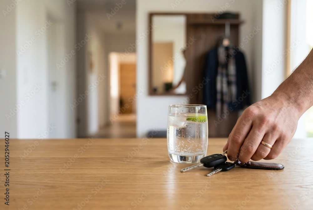 Fototapeta premium Driver placing car keys beside glass of sparkling water on wooden table