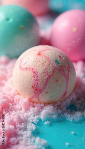 Close-up of bath bombs dissolving in warm water, creating colorful swirls and bubbles Perfect for spa, wellness, relaxation, and self-care themes , fizzy, wellbeing, colorful