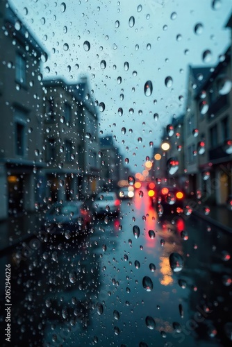 Close-up of raindrops on a windowpane, blurring the outside world, creating a moody and contemplative atmosphere Perfect for themes of reflection, solitude, and the passage of time , nature, window