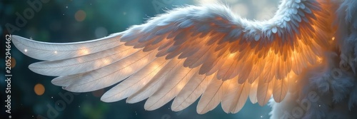 Close-up shot of delicate, feathered angel wings, ethereal and glowing, perfect for fantasy, spiritual, or religious projects The intricate detail is stunning , elegant, divine, wingspan