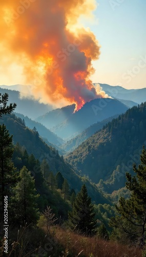 Controlled forestry burn in progress, smoke billowing across a landscape of trees and undergrowth A carefully managed wildfire for land regeneration and ecosystem health , scenic, nature