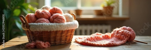 Cozy interior scene featuring a basket overflowing with soft, fluffy wool yarn next to a knitting project in progress on a wooden table, bathed in soft natural light , hobby, needles