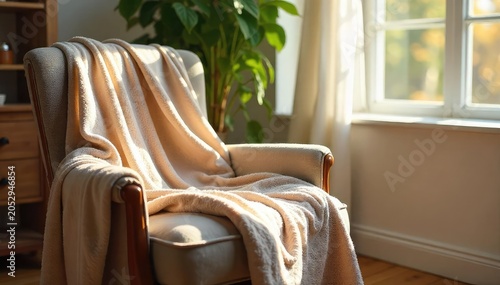 Cozy interior scene featuring comfortable pants casually draped over a chair near a window, sunlight illuminating soft fabric textures , cozy, living room, room