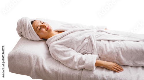 Woman enjoying spa treatment with towel wrap, isolated on transparent background