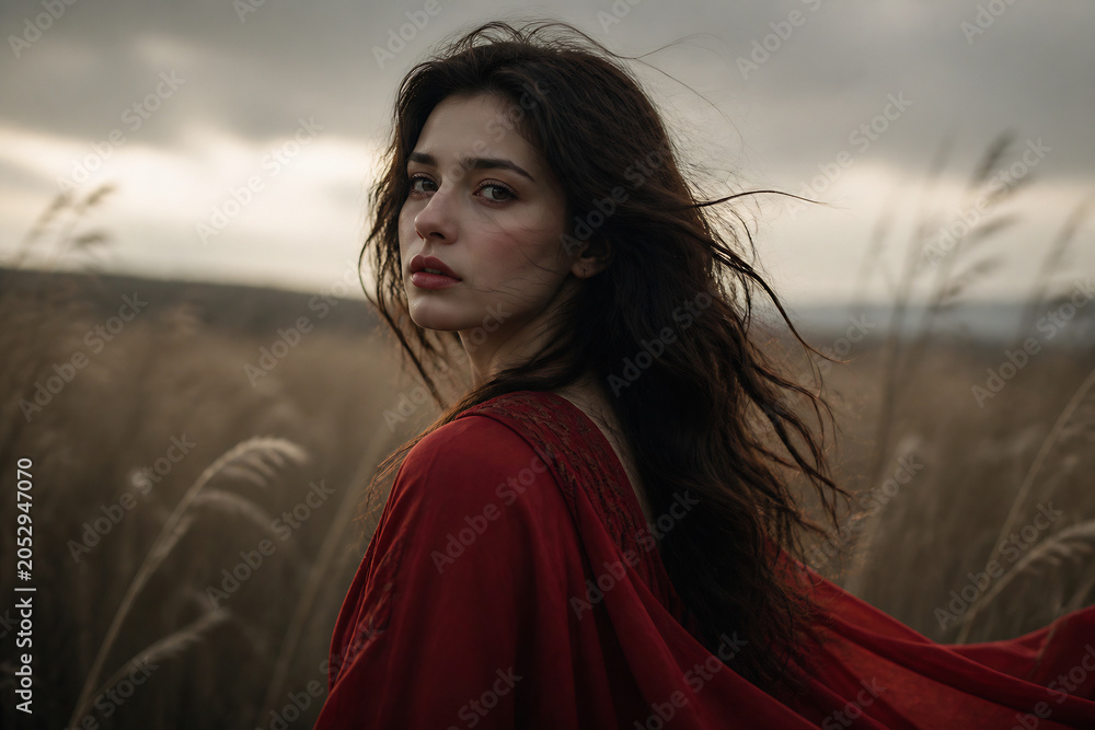Fototapeta premium A young woman with long dark hair is standing in a field of tall grasses under an overcast sky.