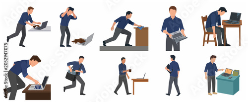 Fotografie Man Spilling Coffee on Laptop and Various Computer Accidents Vector Illustration