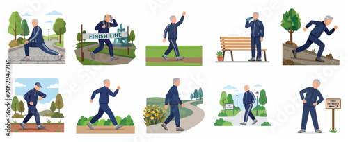 Fotografie Active Senior Man Exercising and Jogging in Outdoor Park Vector Illustration Set