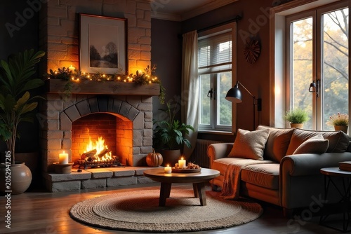 Cozy living room with a fireplace, plush sofa, and warm lighting, creating a relaxed and inviting atmosphere perfect for autumn or winter , hearth, rug, curtains