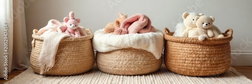 Cozy woven rug baskets overflowing with soft blankets and plush toys, adding warmth and texture to a nursery or living room  Perfect for storage and home decor ,  crocheted basket,  handmade basket