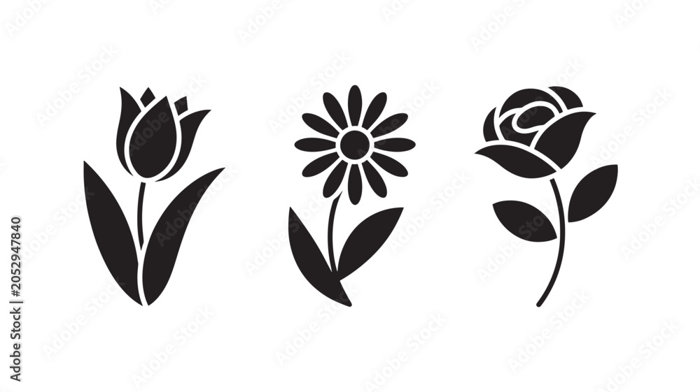 Fototapeta premium Flower Silhouette Vector Set with Minimalist Black Rose, Tulip, and Daisy Icons Isolated on White Background