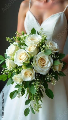 Elegant cascading wedding bouquet overflowing with ivory roses, lush greenery, and delicate wildflowers, perfect for a romantic garden wedding , timeless, flora