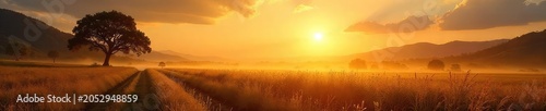 Golden hour sunlight bathes a landscape in warm, vibrant glow Perfect for summer, nature, and travel themes A dreamy, ethereal scene evokes feelings of peace and tranquility , calm, image