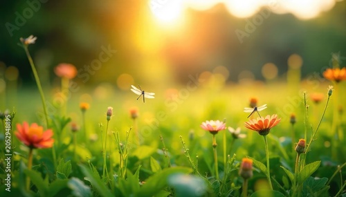 Golden hour sunlight bathes a lush green meadow, wildflowers in bloom, dragonflies dancing, a tranquil summer scene perfect for relaxation and escape , light, insects, meadow