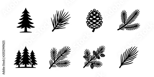 Obraz na plátně Forest evergreen tree and pine branch icons set