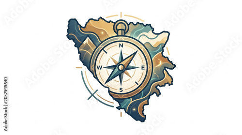 Foto Compass Over Bosnia and Herzegovina Map Illustration.