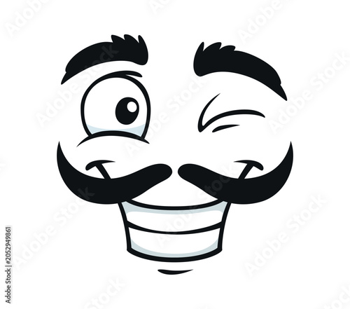 Bild auf Leinwand Happy winking emoji or cartoon face with mustaches and smile cheer expression for emoticon icon