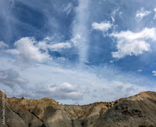 Beautiful landscape of canyon and mountains on background dramatic sky, Tabernas, Almeria, Spain