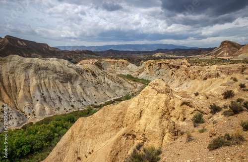 Beautiful landscape of canyon and mountains on background dramatic sky, Tabernas, Almeria, Spain