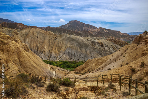Beautiful landscape of canyon and mountains on background dramatic sky, Tabernas, Almeria, Spain