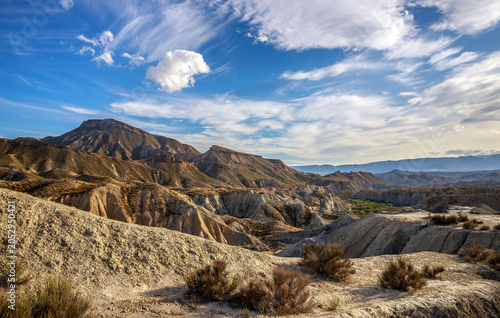 Beautiful landscape of canyon and mountains on background dramatic sky, Tabernas, Almeria, Spain