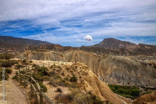 Beautiful landscape of canyon and mountains on background dramatic sky, Tabernas, Almeria, Spain