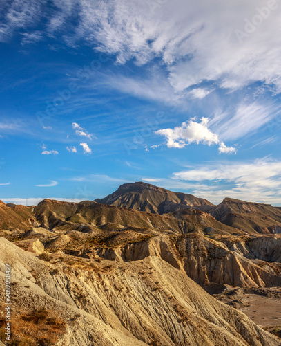 Beautiful landscape of canyon and mountains on background dramatic sky, Tabernas, Almeria, Spain