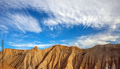 Beautiful landscape of canyon and mountains on background dramatic sky, Tabernas, Almeria, Spain