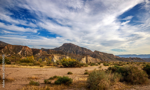 Beautiful landscape of canyon and mountains on background dramatic sky, Tabernas, Almeria, Spain