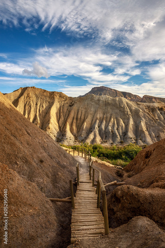 Beautiful landscape of canyon and mountains on background dramatic sky, Tabernas, Almeria, Spain