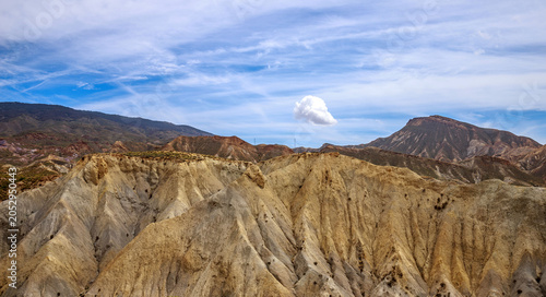 Beautiful landscape of canyon and mountains on background dramatic sky, Tabernas, Almeria, Spain