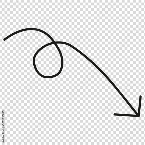 Black curly arrow hand drawn doodle sketch pointing down for highlights, notes, presentations, and infographic decoration Hand drawn black curly downward arrow doodle element for annotations, creative