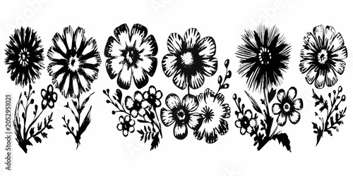 Foto Vintage ink flower illustrations on a white background